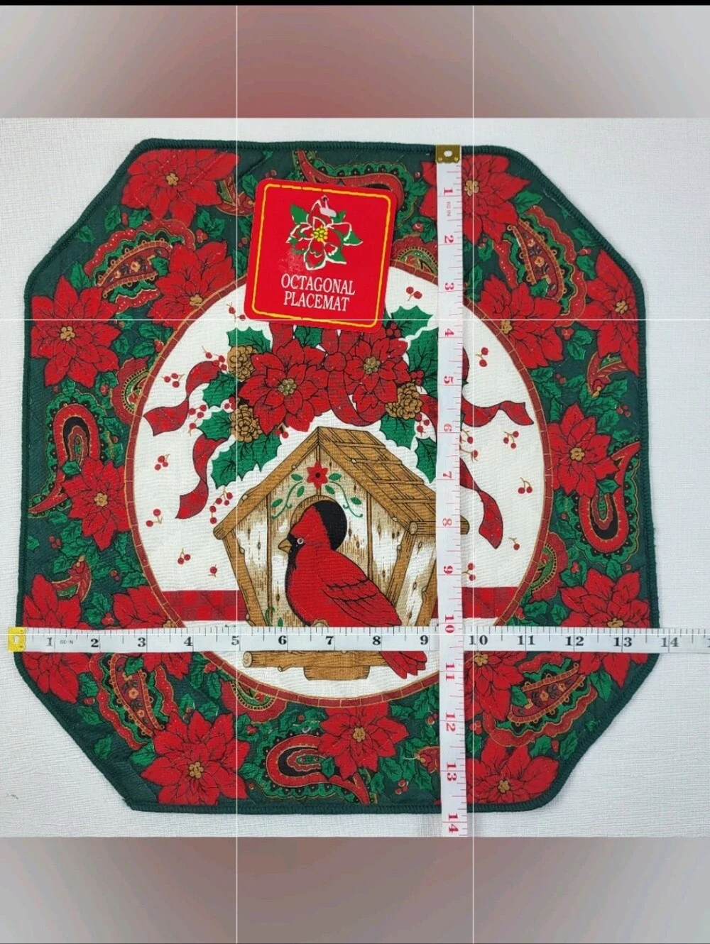Franco Quilted Christmas Cardinal PLACEMATS Lot of 6 Birdhouse Poinsettias NOS